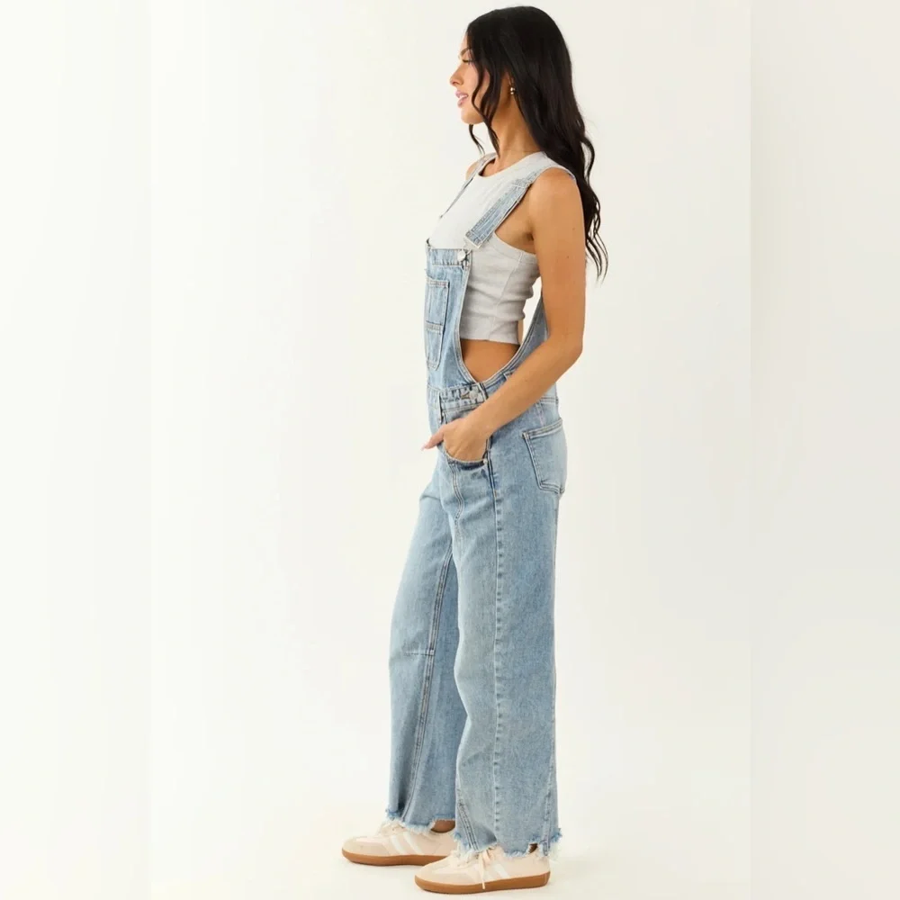 NWT Saige Denim Barrel Horseshoe Light Washed Relaxed Fit Jean Overalls - Picture 5 of 7